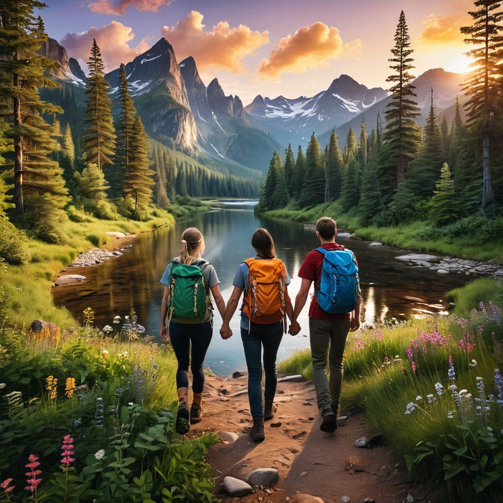 A couple holding hands while hiking through a lush forest, surrounded by majestic mountains and a stunning sunset. The scene includes a tranquil river nearby, and delicate wildflowers blooming along the path. Their backpacks hint at a romantic picnic set up in the wild. The atmosphere is warm and inviting, exuding a sense of adventure and love. super-realistic. vibrant colors. 3D.