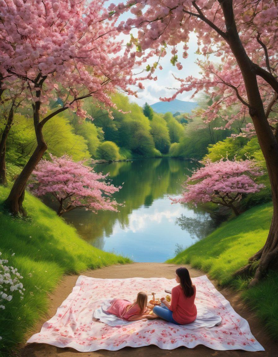 A picturesque landscape showcasing a secluded, enchanting forest with a winding path leading to a tranquil lake, surrounded by lush greenery and vibrant flowers. A couple is seen hand-in-hand, enjoying a cozy picnic on a blanket under a blooming cherry blossom tree, with soft sunlight filtering through the leaves. Magical touches like butterflies and a heart-shaped cloud add whimsy to the scene. painting. vibrant colors. natural lighting.