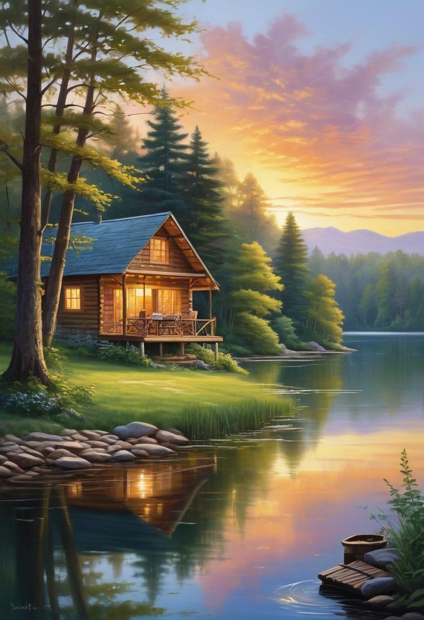A picturesque landscape featuring a serene lake surrounded by lush green forests, with a cozy cabin tucked among the trees. A couple can be seen enjoying a romantic picnic on the lakeshore, with a sunset casting golden hues over the water. Include soft lighting and gentle waves to create a peaceful atmosphere. Illustrate the beauty of nature emphasizing tranquility and connection. painting. vibrant colors. natural scenery.